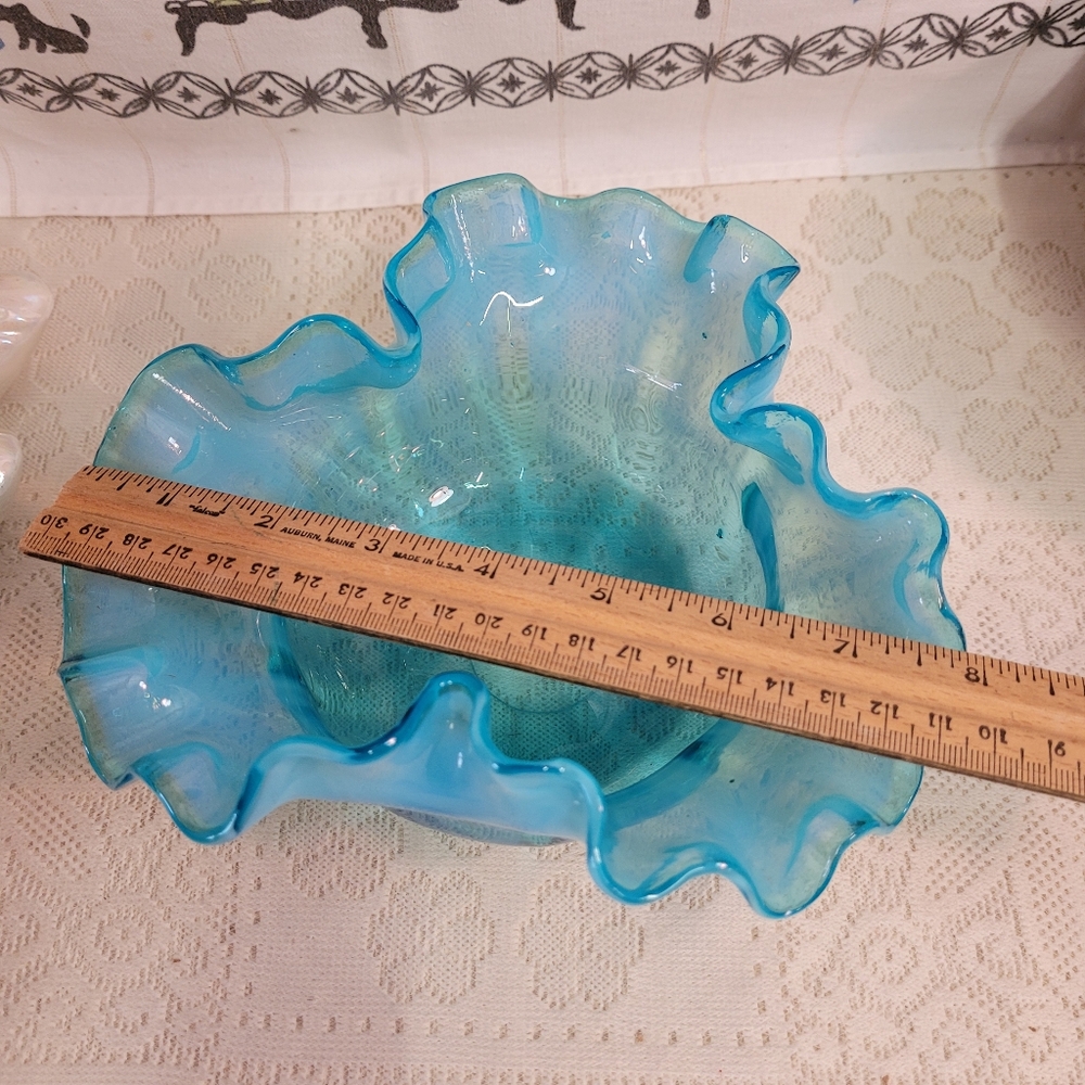 Vintage Hand Blown Blue Glass Ruffled Bowl